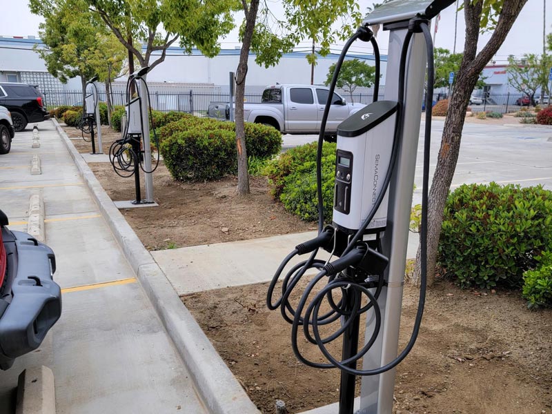 An electric car charging station in San Bernardino, CA.
