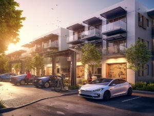 A rendering of an apartment complex with EV charging stations and cars parked in front of it.