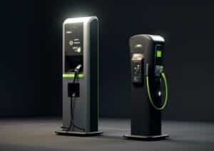 Two electric charging stations in a dimly lit room.