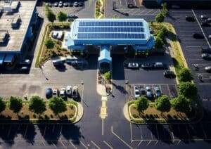 An aerial view of a parking lot with solar panels on the roof, showcasing innovative ways to generate clean energy and promote sustainability.