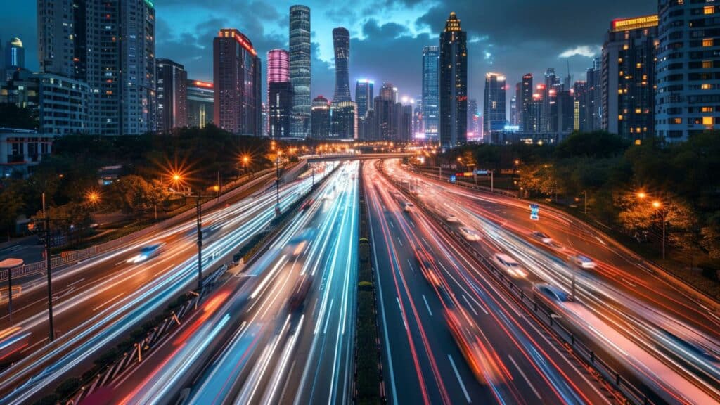 Traffic on a highway in shanghai at night.