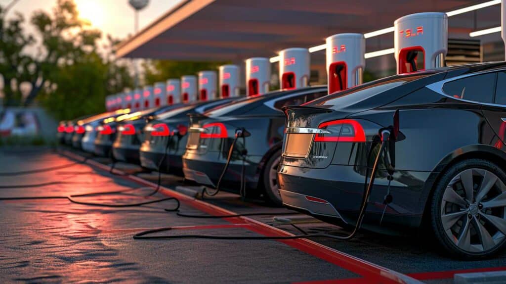 A row of tesla model s cars parked at a charging station.